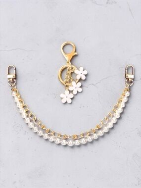Gold Pearl Chain Bag Charm Set Floral Coquette Feminine Luxe Purse Decor